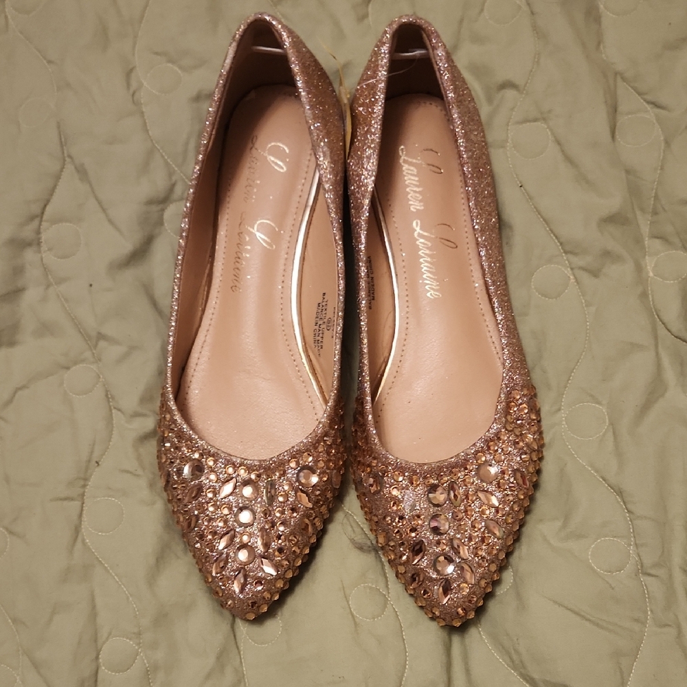 Lauren Lorraine Rose Gold Crystal-Embellished Pointed Flats